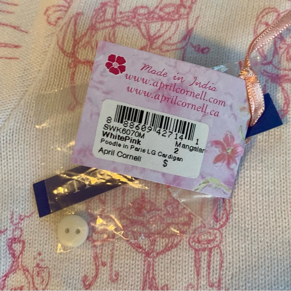 Vintage April Cornell Poodle In Parie Print Cardigan White& Pink Button Front - Picture 4 of 8